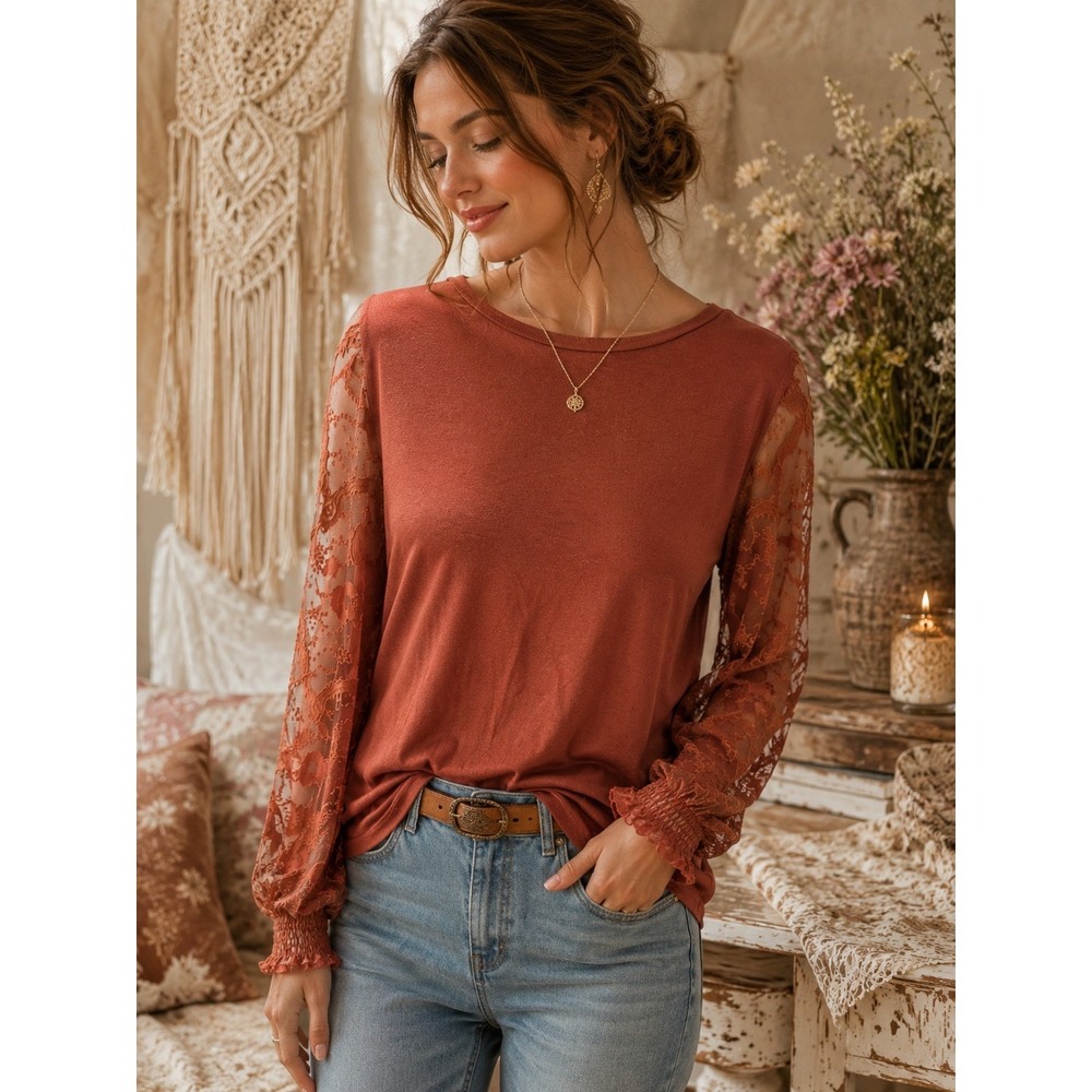 Cupio Blush Blouse Rust Orange Semi Sheer Floral Embroiderd Lace Sleeve Size XL